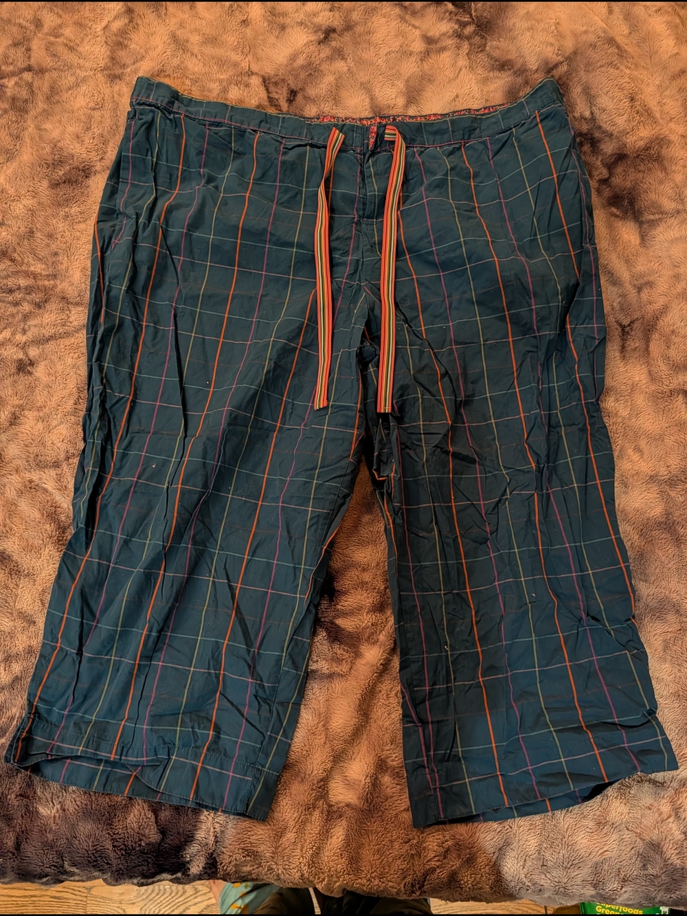 Women's Navy Plaid Sleep Capris with Stripe Drawstring